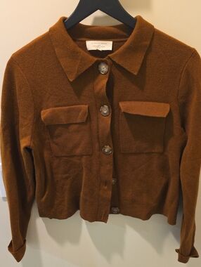Sezane Chest-Pocket Knit Jacket in Warm Brown